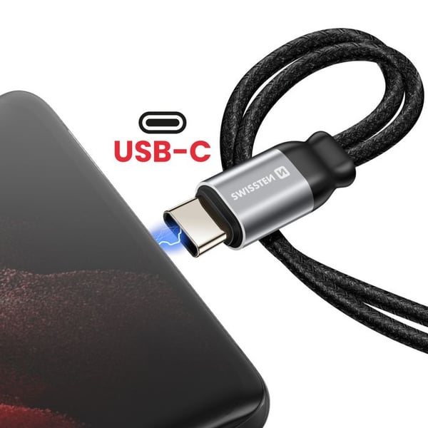 USB-C-adapter - SWISSTEN - 2-i-1 - Ljud 3.5mm - Flätad Nylon - Samtidig laddning