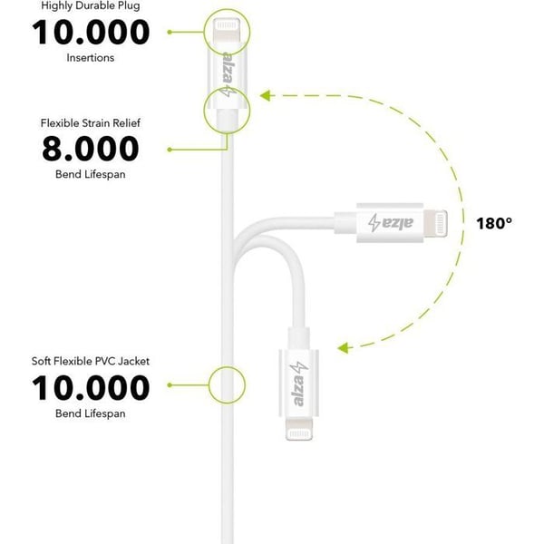 Datakabel - ALZAPOWER - Core USB-C till Lightning - 2m - Vit - MFi