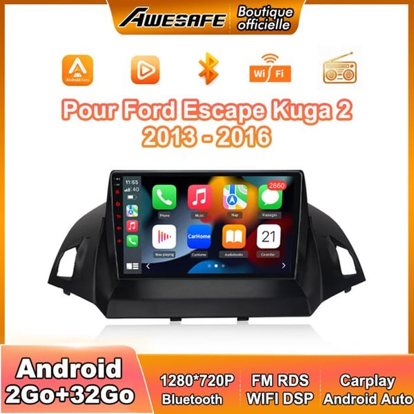 AWESAFE Autoradio Android 13 2Go+32Go för Ford Escape Kuga 2 (2013-2016) 9'' Pekskärm med Carplay GPS Bluetooth Android Auto