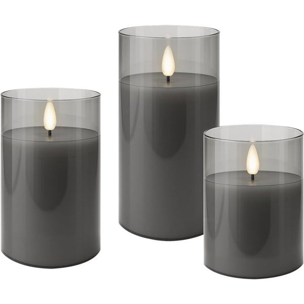 Goobay 3 LED-ljus i äkta vax i glas, grå-transparent - med timerfunktion och 3D-flamspets, till p...