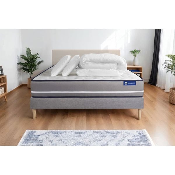 Komplett sängpaket 140x200 cm - Madrass + Sängbotten Grå (i kit) + 2 kuddar + Täcke - Actiflex Pur