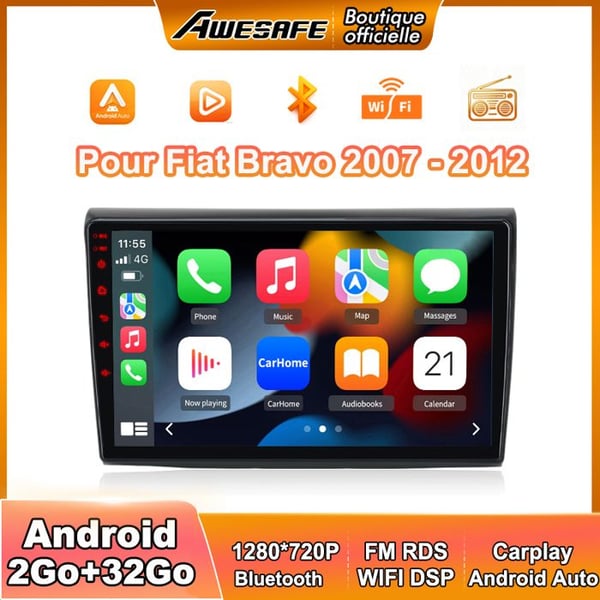 AWESAFE Autoradio Android 13 2Go+32Go för Fiat Bravo (2007-2012) 9'' Touchscreen med Carplay GPS Bluetooth Android Auto