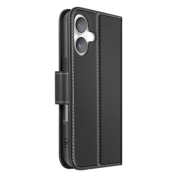 Premium läder plånboksfodral för iPhone 16 Plus med ställfunktion svart