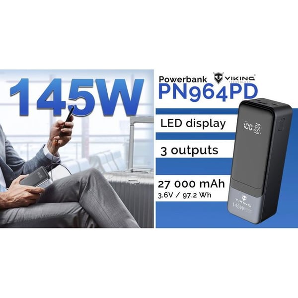 Powerbank - VIKING - PN-964PD - 27000 mAh - 145 W - Hurtigopladning USB Power Delivery