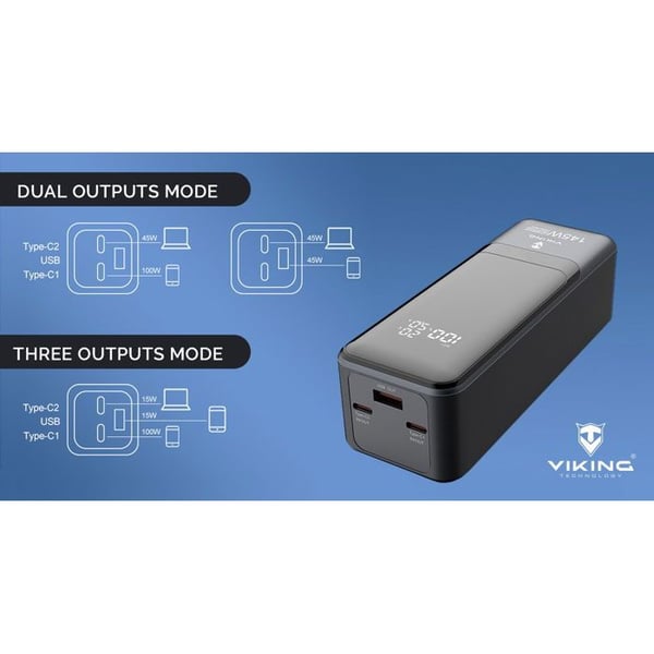 Powerbank - VIKING - PN-964PD - 27000 mAh - 145 W - Hurtigopladning USB Power Delivery