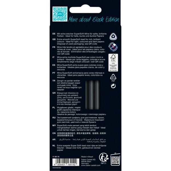 Färgpennor - FABER-CASTELL - Black Edition - 12 pennor - Trä - Extra mjuk spets