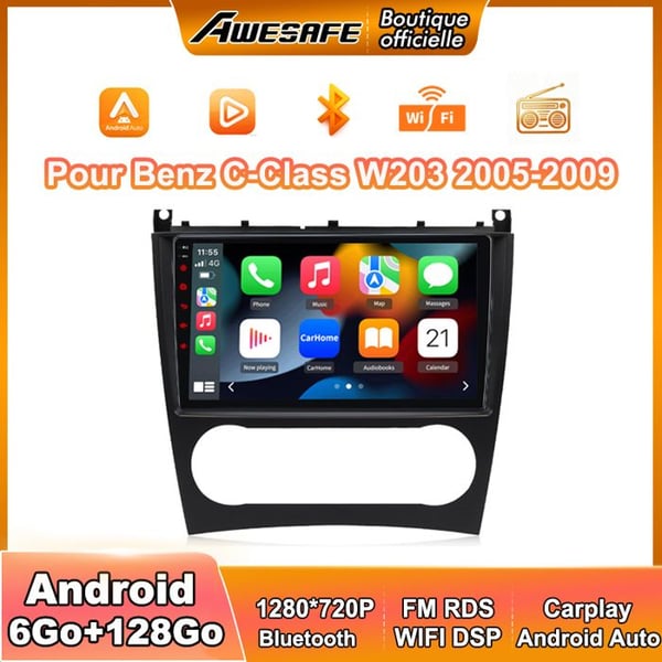 AWESAFE Bilradio 4G Android 13 6Go+128Go för Benz C Klass W203 (2005-2009) 9'' Pekskärm med Carplay GPS BT Android Auto