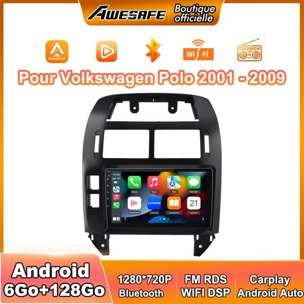 AWESAFE Bilstereo 4G Android 13 6Go+128Go för Volkswagen Polo (2001-2009) 9'' Pekskärm med Carplay GPS Bluetooth Android Auto