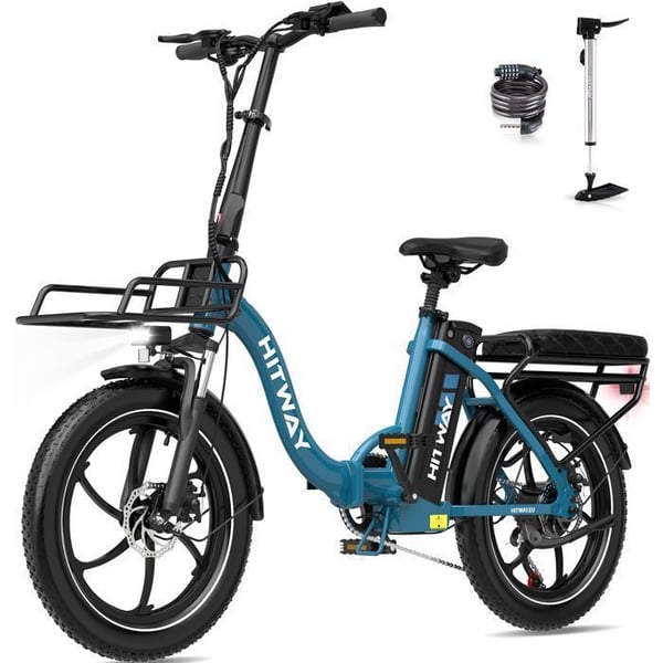 HITWAY Elektrisk Cykel 20" Fällbar Blå, 36V 15.6Ah Avtagbart Batteri, Motor 250W, 7 Växlar, APP, Framhållare