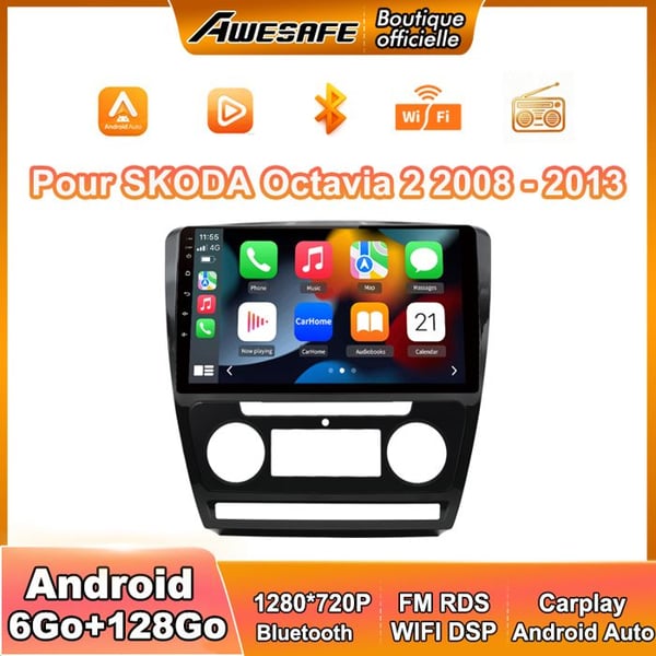 AWESAFE Autoradio 4G Android 13 6Go+128Go för SKODA Octavia 2 (2008-2013) 10'' Pekskärm med Carplay GPS BT Android Auto
