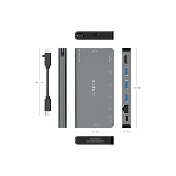 USB-hubb - AISENS - ASUC-8P015-GR - 8 portar - Metallgrå - Elegant design - Kompakt