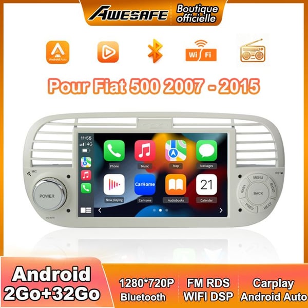 AWESAFE Autoradio Android 13 2Go+32Go för Fiat 500(2007-2015) med 7'' Touchskärm Carplay Android Auto GPS WiFi DSP FM