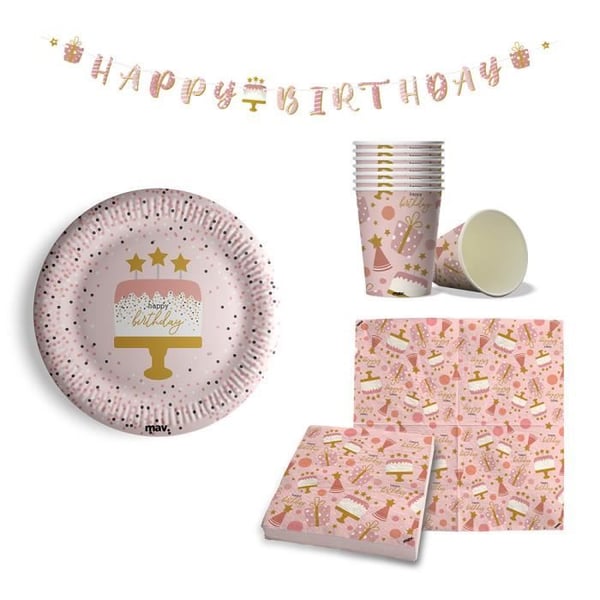 Komplettset för födelsedagsfester - MAVERICK - sockersöt rosa - 53 delar - ekologisk - barn