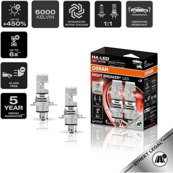 OSRAM NIGHT BREAKER H4 450 LED-lampor - 450% högre ljusstyrka, 6000K