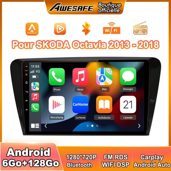 AWESAFE Autoradio 4G Android 13 6Go+128Go för SKODA 0ctavia (2013-2018) 10'' Pekskärm med Carplay GPS Bluetooth Android Auto