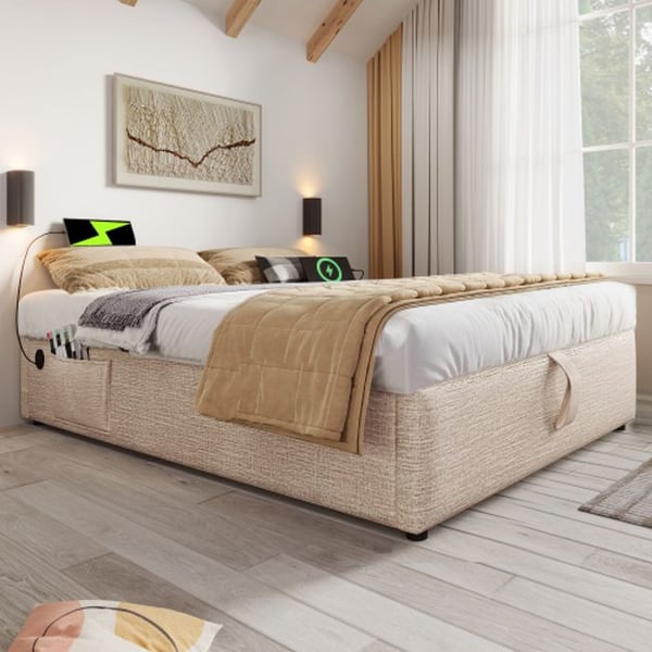 Dobbelt seng - MUVOE - 160 x 200 cm - Lin - USB-C - Lamelseng