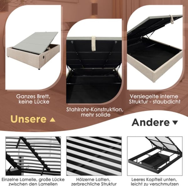 Dobbelt seng - MUVOE - 160 x 200 cm - Lin - USB-C - Lamelseng
