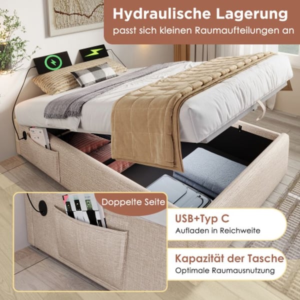 Dobbelt seng - MUVOE - 160 x 200 cm - Lin - USB-C - Lamelseng