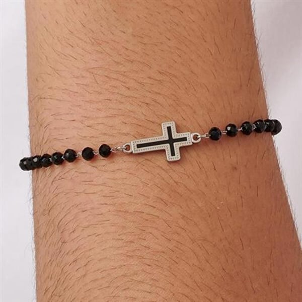 Armband - S'AGAPÕ - SHS12 - Stål 316L - Svart Glas - Emaljerad Kors