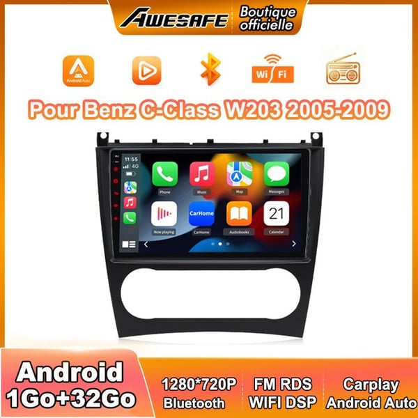 AWESAFE Android 13 1Go+32Go bilradio för Benz C Class W203 (2005-2009) 9'' pekskärm med Carplay GPS Bluetooth Android Auto