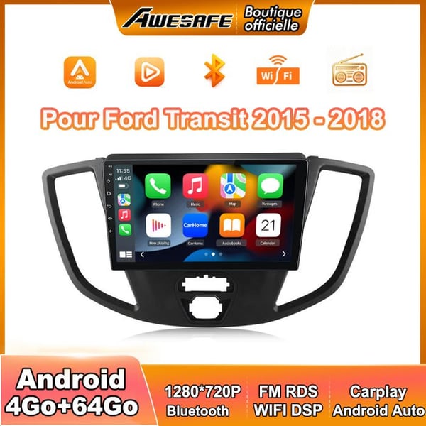 AWESAFE 4G Autoradio Android 13 4Go+64Go för Ford Transit (2015-2018) 9'' Skärm med Carplay GPS Bluetooth Android Auto RDS WiFi