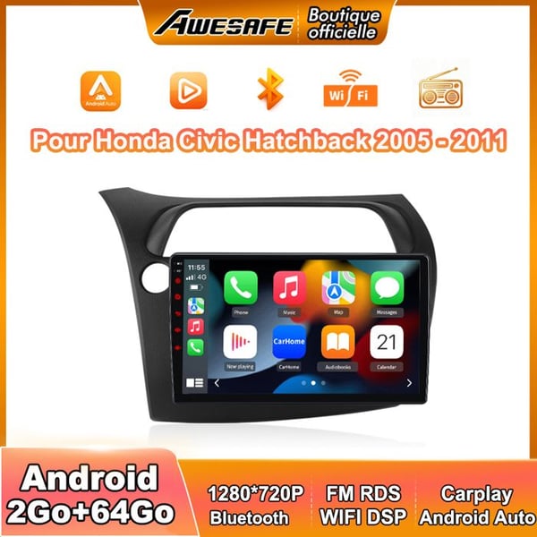 AWESAFE Autoradio Android 13 2Go+64Go för Honda Civic Hatchback (2005-2011) 9'' Pekskärm med Carplay GPS BT Android Auto