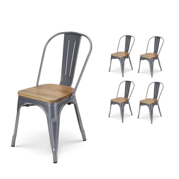 Set med 4 stol i grått metall och sits i ljust trä - Industristil