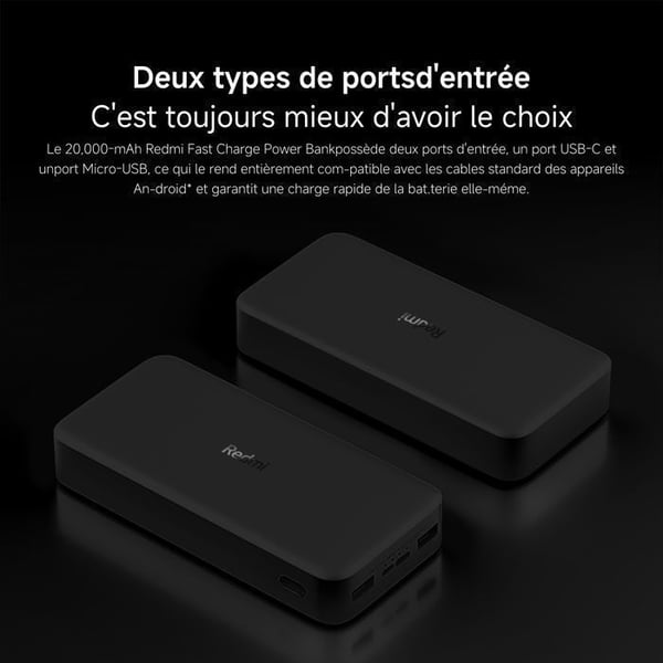 XIAOMI - Redmi Fast Charge bærbart batteri - 20000 mAh - Sort
