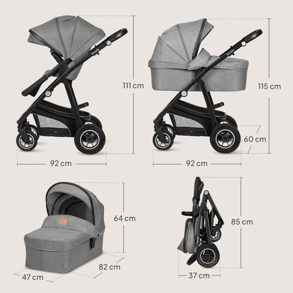 LIONELO Bianka 3-i-1 Barnvagn - Upp till 22 kg - Barnvagnspaket, Liggvagn, Bilbarnstol, väska och tillbehör - Grå