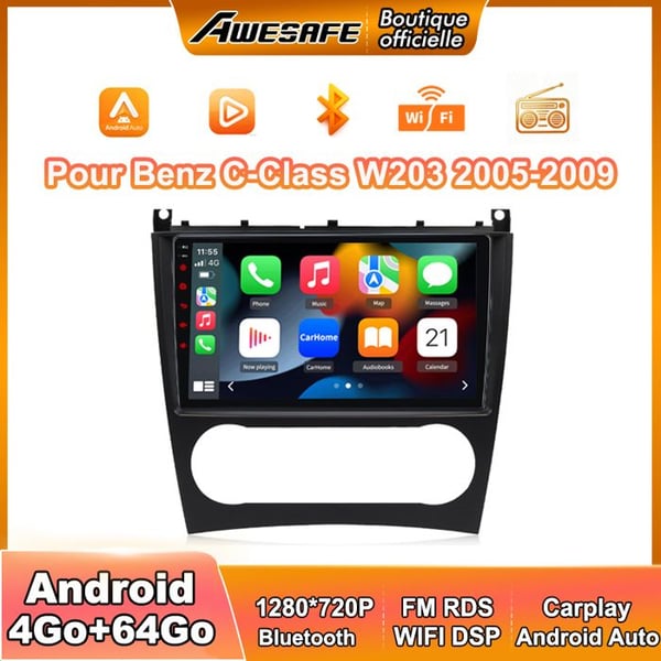 AWESAFE Autoradio 4G Android 13 4Go+64Go för Benz C Class W203 (2005-2009) 9'' Pekskärm med Carplay GPS BT Android Auto
