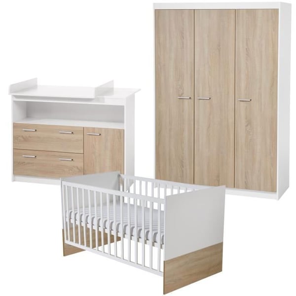 Komplett Babyrum Gabriella ROBA - Evolutiv Säng 70x140 + Skötbord + 3-dörrars Garderob - Vit / Sågad Ek