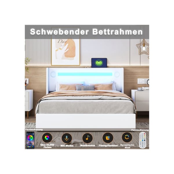 Polstret seng - MUVOE - 140x200 - LED-striber - Bluetooth - USB-oplader