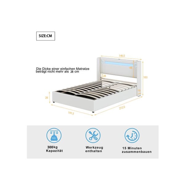 Polstret seng - MUVOE - 140x200 - LED-striber - Bluetooth - USB-oplader