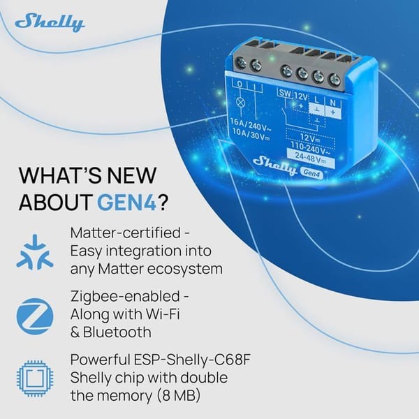 Module Strömbrytare - SHELLY - Shelly 1 Gen4 - Zigbee, Wi-Fi - 16A - Kompatibel med Alexa, Google