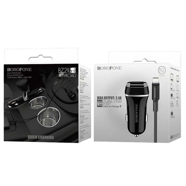 Bilar Laddare - BOROFONE - 2 USB-portar - Lightning Kabel - Hållbar Polykarbonat - Svart