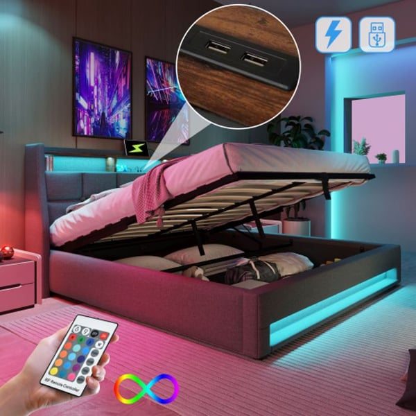 Seng - 160x200cm - Polstret - LED-belysning - Indbygget USB-port
