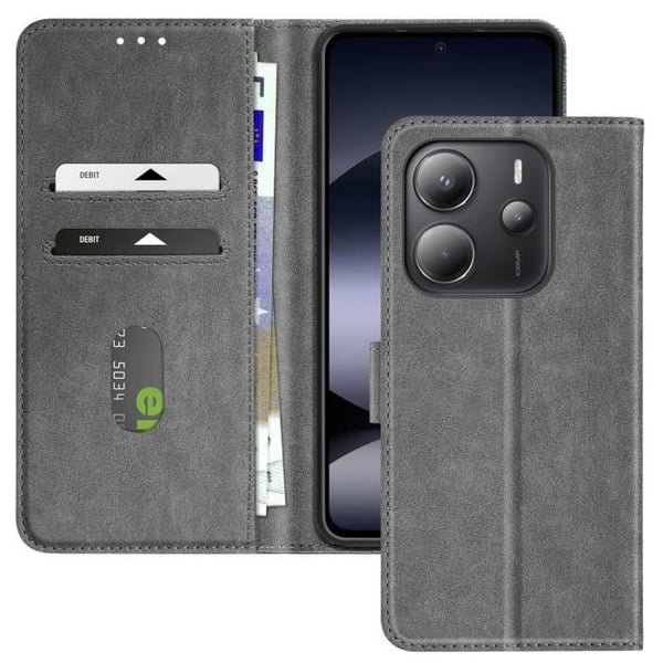 Fodral för Xiaomi Redmi Note 14 4G Fickbok och Videostativ Grå