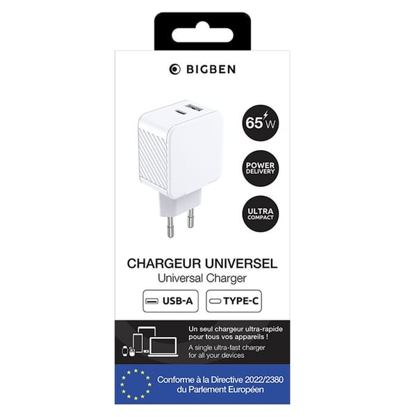 USB-A / USB-C-laddare - BIGBEN CONNECTED - 65W - Ultrarapid - GaN - Eko-vänlig