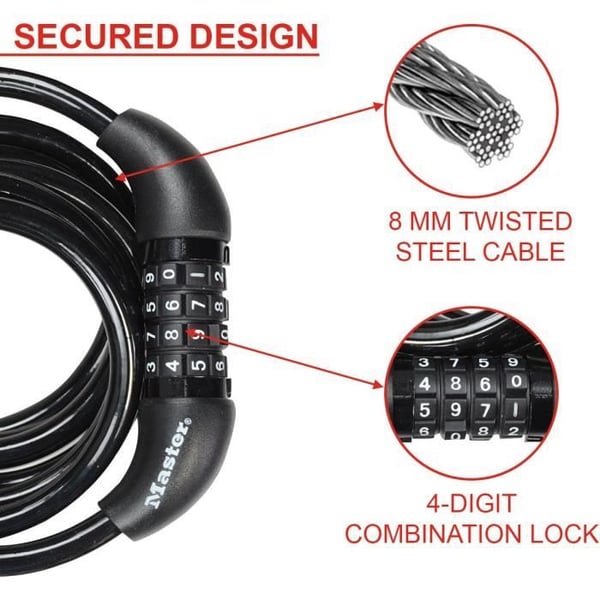 Cykellås - MASTER LOCK - 8221EURDPRO - 1,8 m tvinnad kabel - Programmerbar kombination