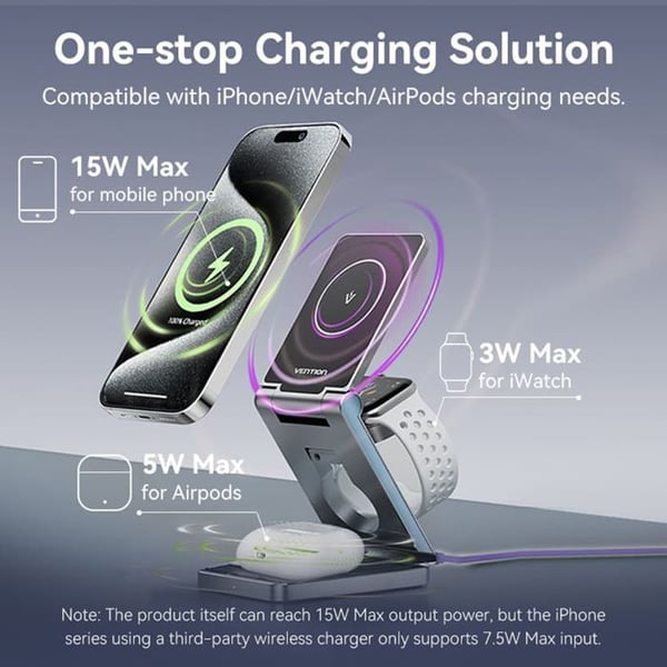 Trådlös laddare 3 i 1 - VENTION - FGFH0 - Snabbladdning 15W - Kompatibel med MagSafe (Apple) - LED-indikator