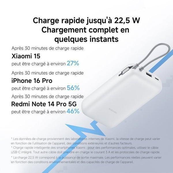 XIAOMI Power Bank 20000mAh (Integrerad kabel) Ljusgrå - Extern batteri - Stort kapacitet - Inbyggd strömkabel