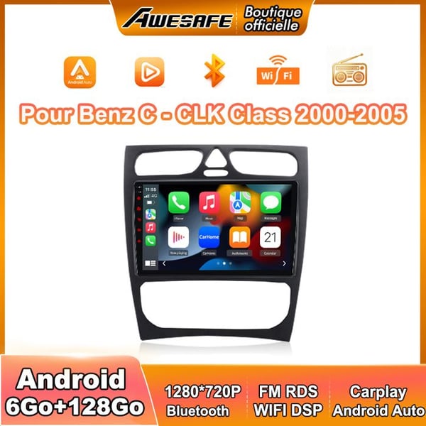 AWESAFE Bilradio 4G Android 13 6Go+128Go för BENZ C-CLK Klass (2000-2005) 9'' Pekskärm med Carplay GPS BT Android Auto