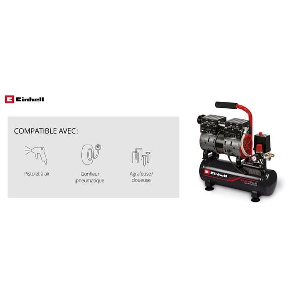 Einhell Tyst Kompressor TE-AC 6 Silent (550 W, Max. 8 bar, Tank 6L, 110 L/m, 57dB, olje- och underhållsfri motor)