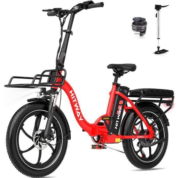 HITWAY Elcykel 20" Fällbar Röd, 36V 15.6Ah Avtagbart Batteri, Motor 250W, 7 Växlar, APP, Främre Pakethållare