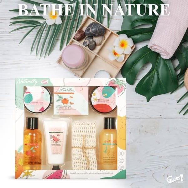 Badkit - GLOSS - Naturligt - 7 delar - Duschgel 160ml - Bubblesbad 160ml - Handduk i sisal