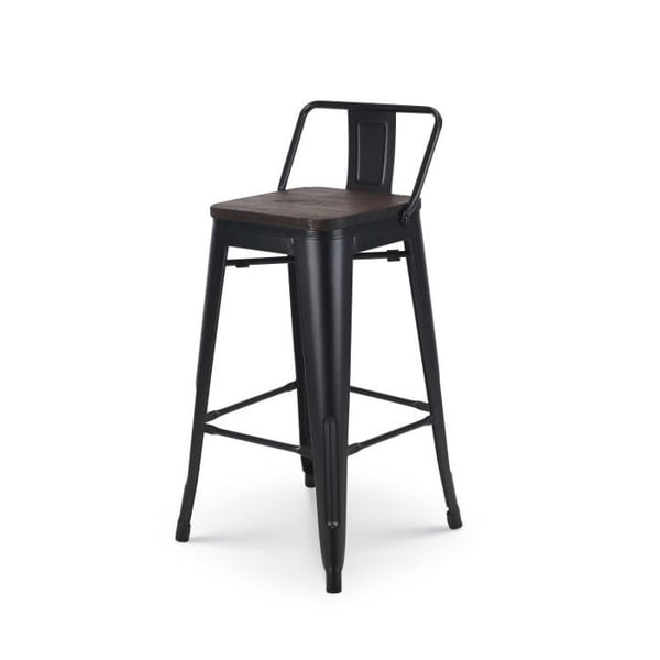 KOSMI - Barpall i mattsvart metall och sits i mörkt trä med ryggstöd - Sitthöjd 66 cm