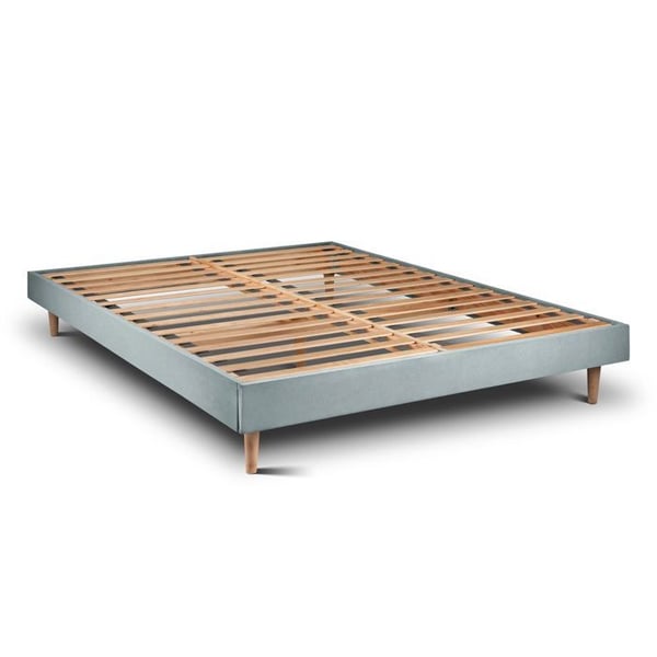 Sommier Kit Velours Gråblå 135x190 H29cm Sömn av bly - Sommier i massivt trä med koniska träräffar 15 cm