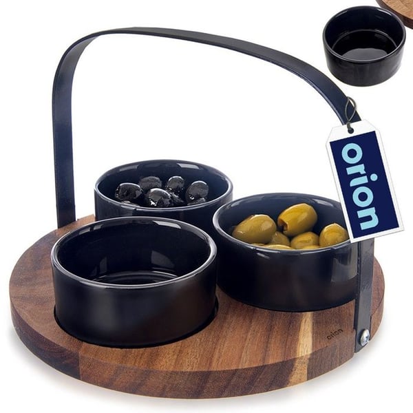 Set med snackskålar i keramik - ORION - 3 delar - 130 ml - Svart - Keramik - Akaciaträ - Elegant design