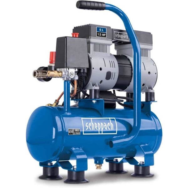 Scheppach HC08Si Ultra Tyst Kompressor 8bar 6L Tank 1.5 HP 1100 W Olje Befriad Låg Underhåll Sugflöde 162 Lmin S