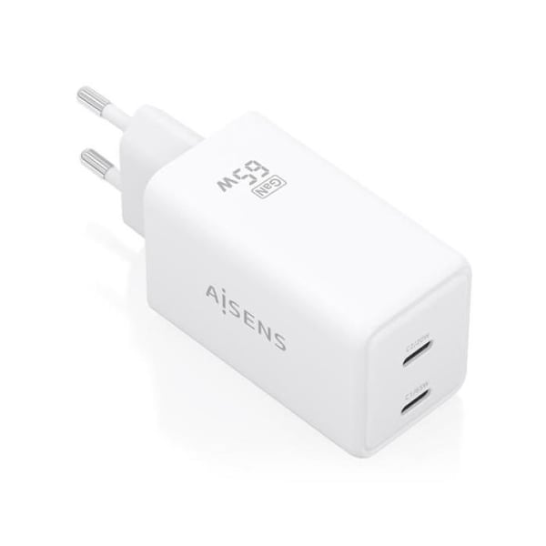 Väggladdare GaN Aisens ASCH-65W2P078-W - 2xUSB Typ-C - 65W - Vit